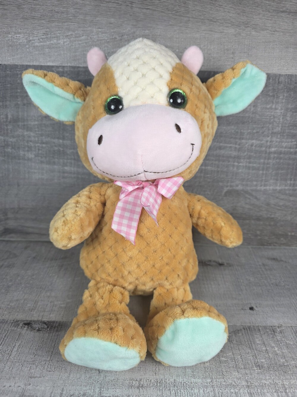 Kellytoy Plush Brown White Cow Stuffed Waffle Quilted Texture 14” Pink Bow b108